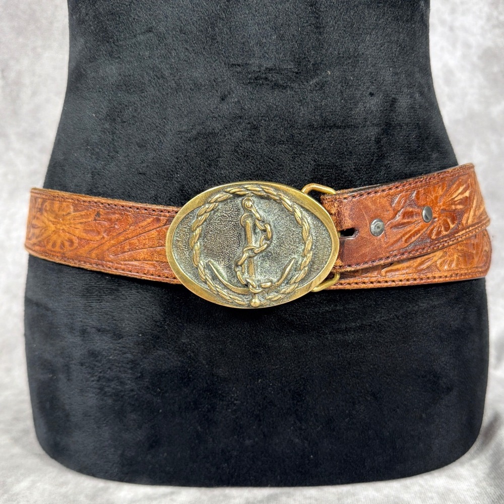 Vtg Resistol Tooled Leather Belt 32 Solid Brass Anchor Buckle BTS Western 70s